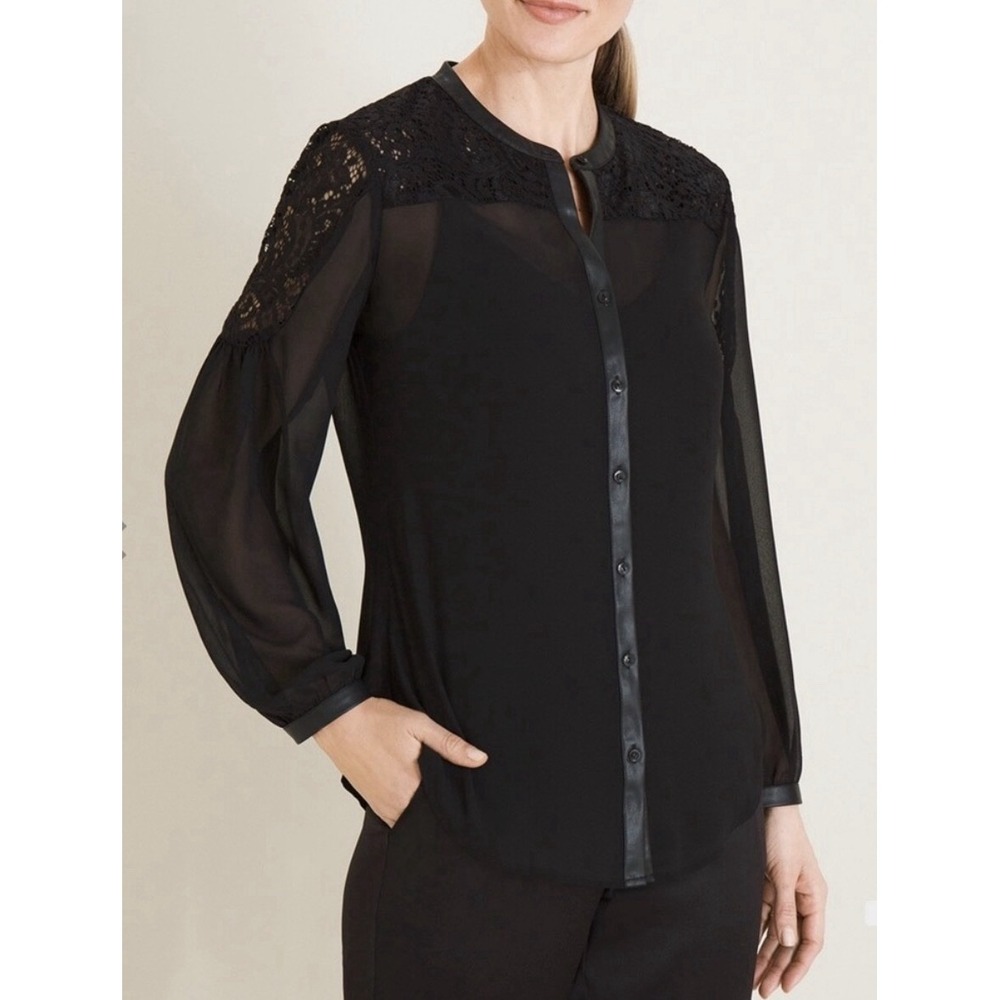 CHICO'S Black Lace & Faux Leather Blouse Sheer Mesh Size-2 Large